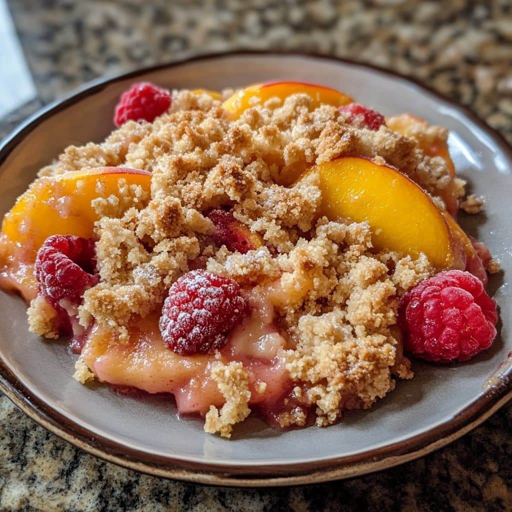 Crumble de durazno y frambuesa