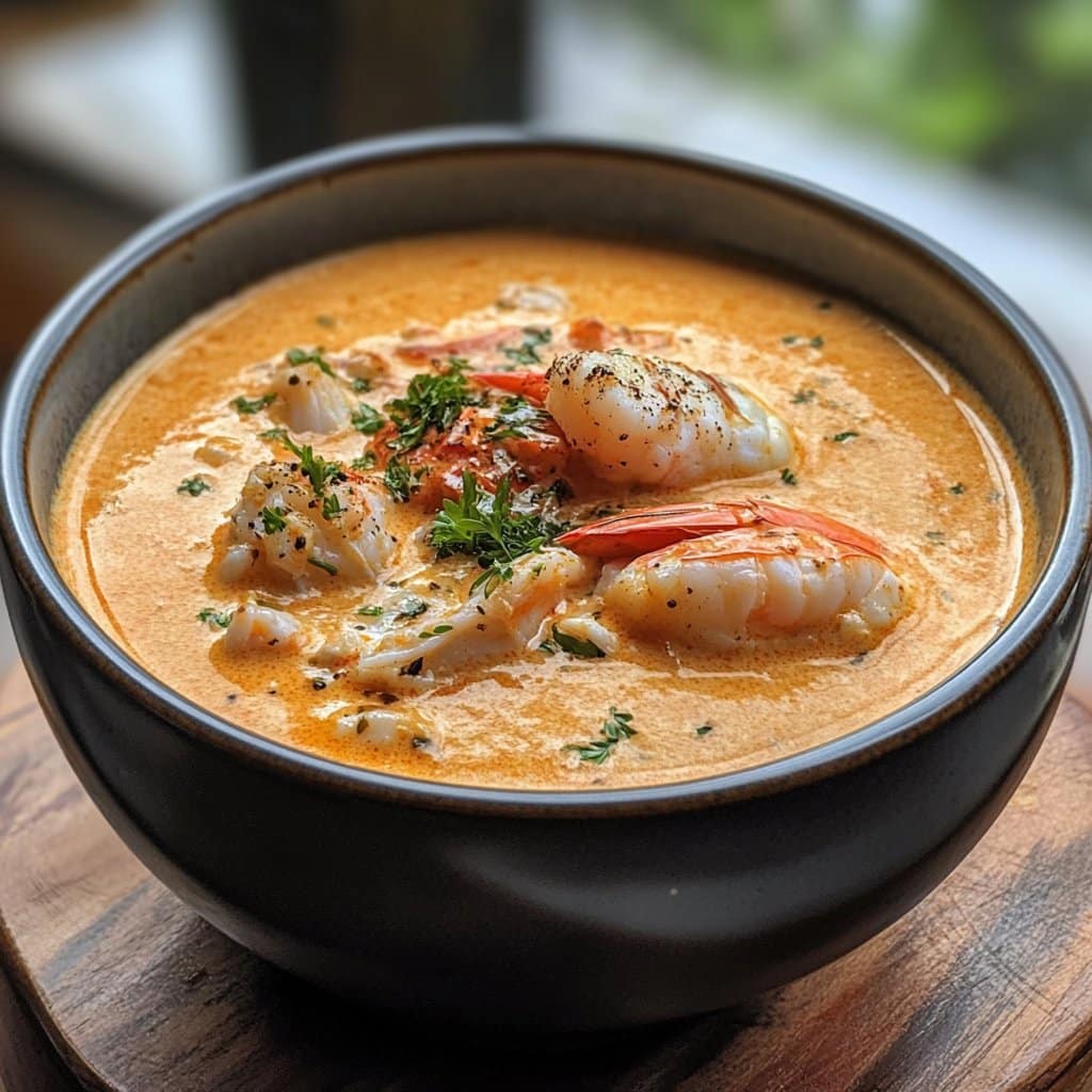 Receta deliciosa de bisque de mariscos con cangrejo y camarones