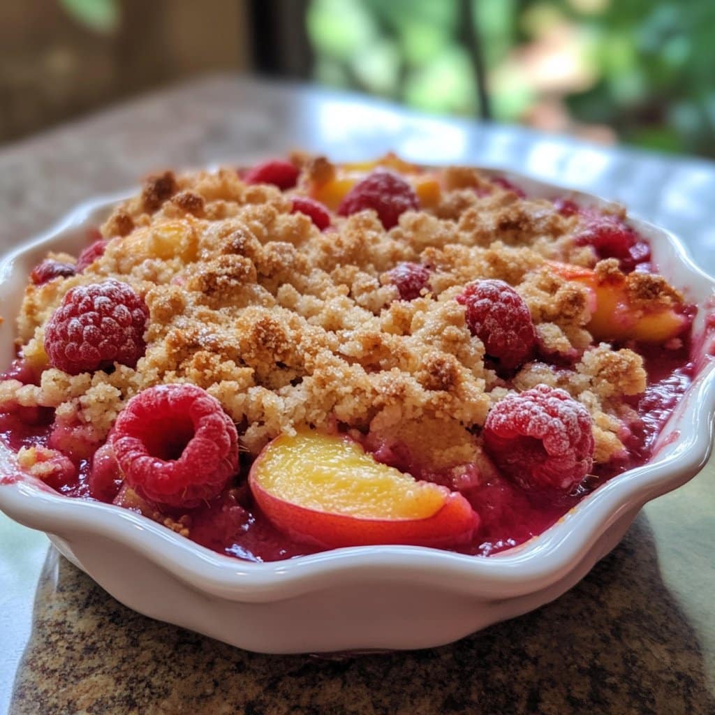 Crumble de durazno y frambuesa