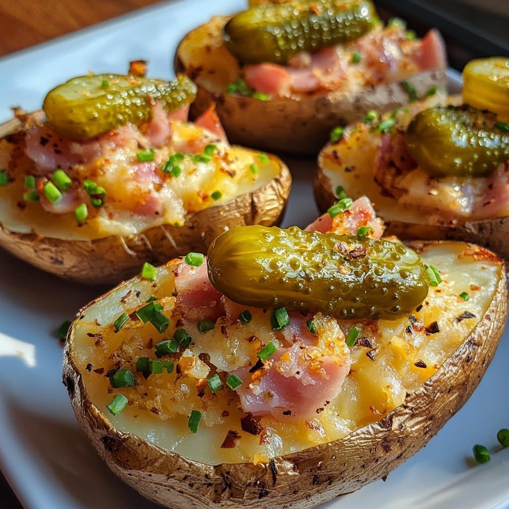Receta de Patatas Asadas Dos Veces con Jamón y Pepinillo