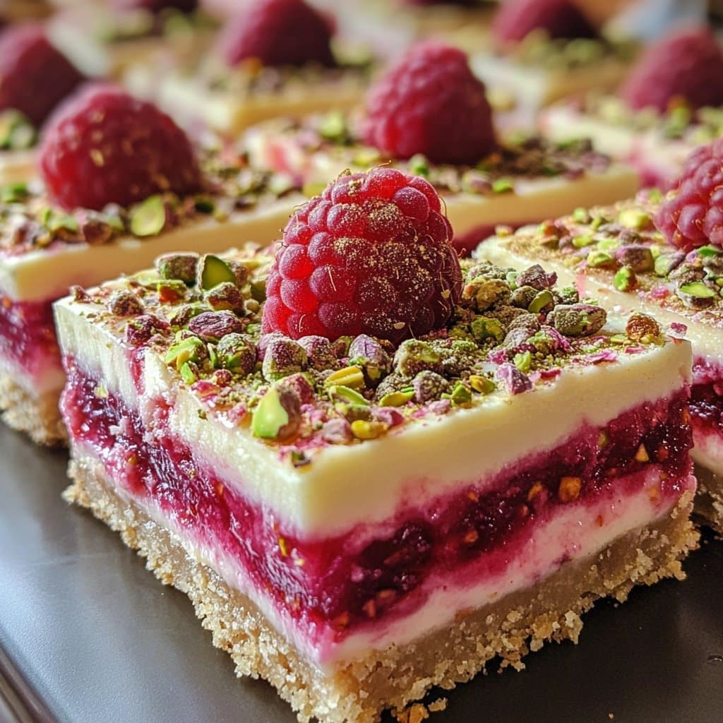 Receta de barras de tarta de queso con frambuesa y pistacho