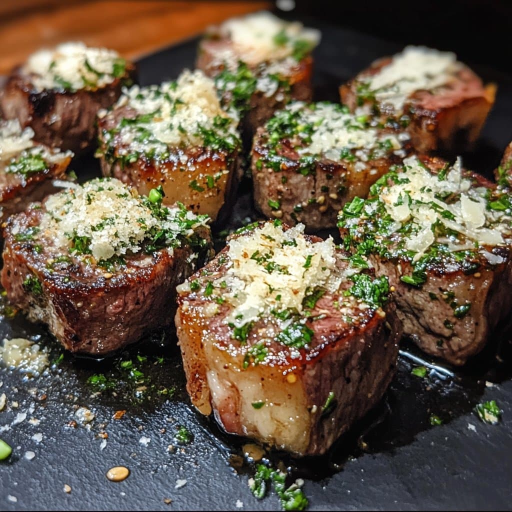 Bocados de filete con mantequilla de ajo y parmesano llenos de sabor