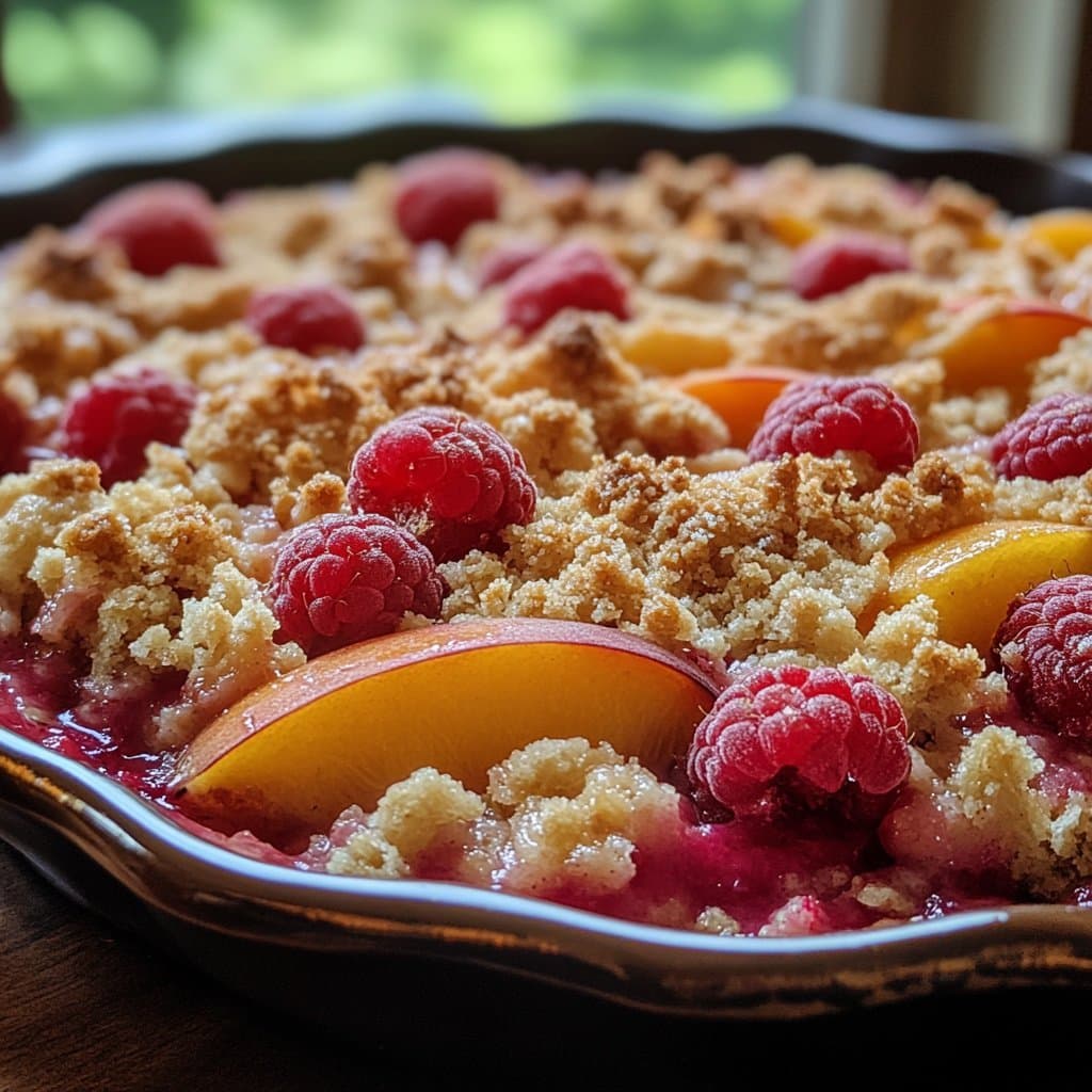Crumble de durazno y frambuesa