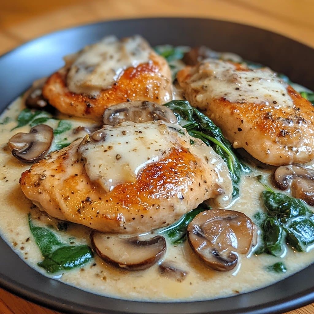 Pollo con espinacas y champiñones y salsa cremosa de parmesano
