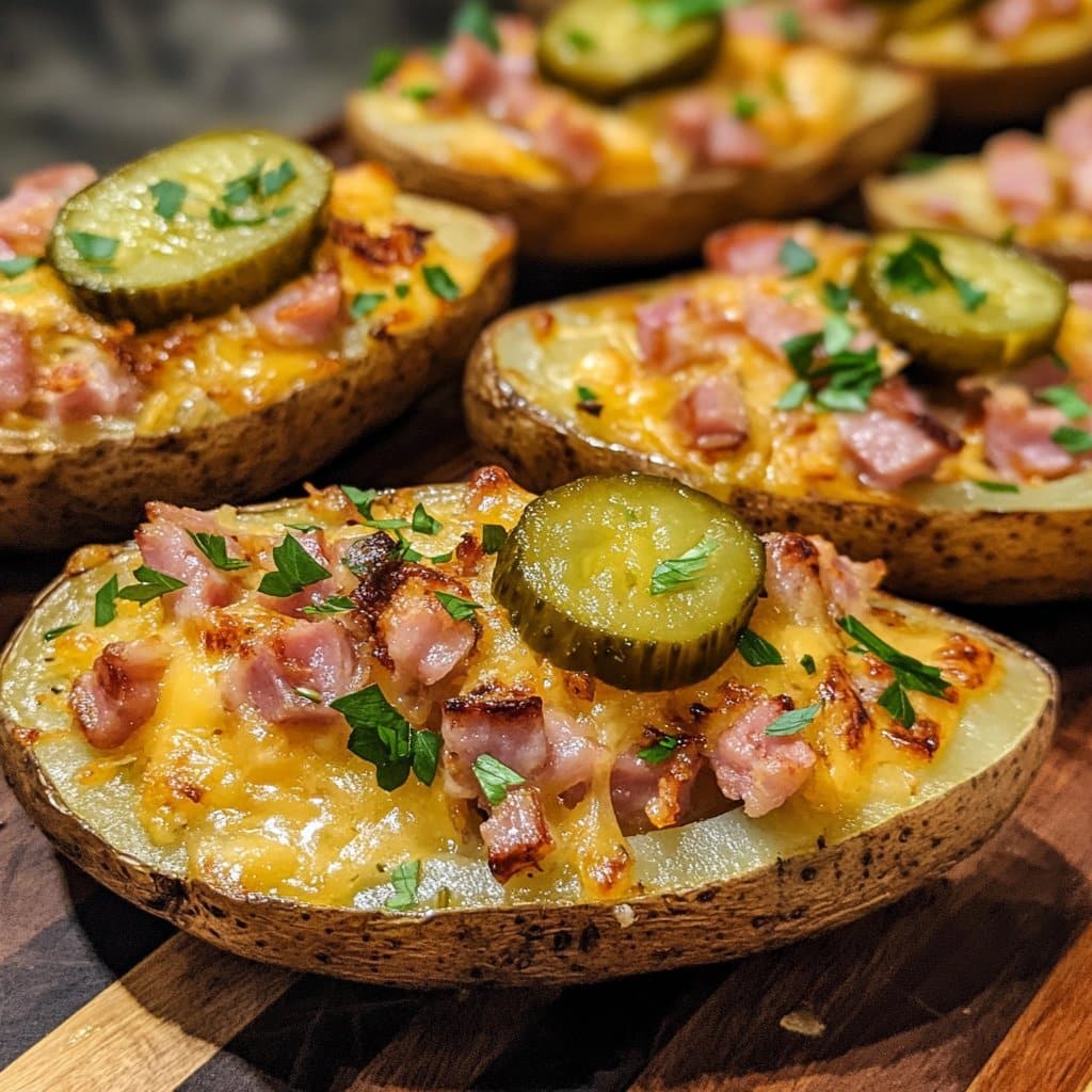 Receta de Patatas Asadas Dos Veces con Jamón y Pepinillo