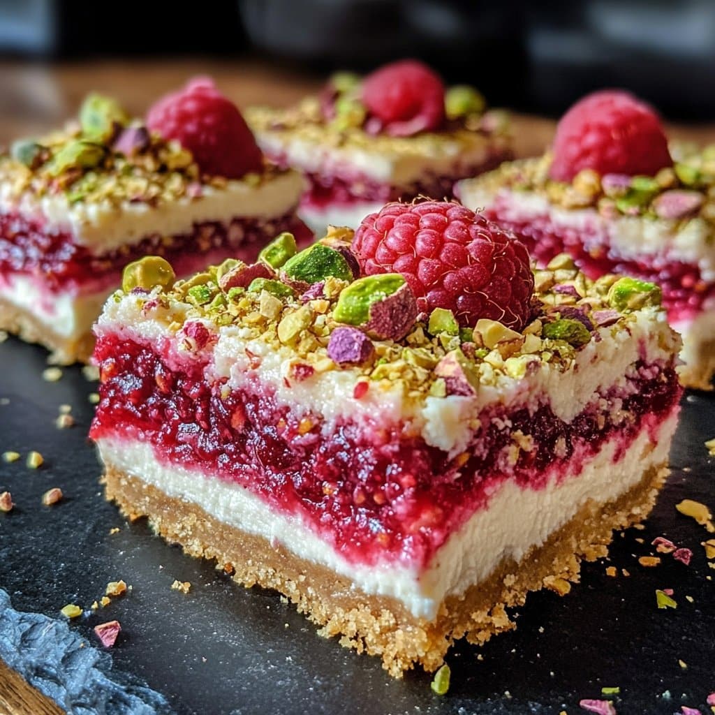 Receta de barras de tarta de queso con frambuesa y pistacho
