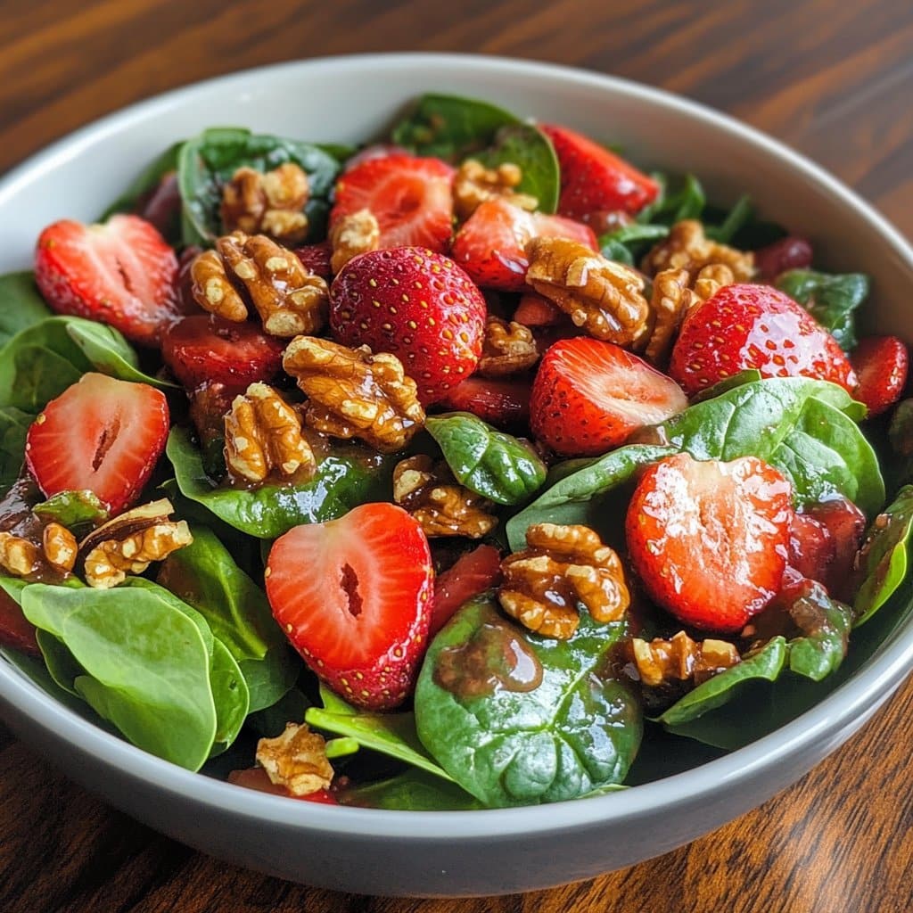 Ensalada de espinacas con fresas y nueces deliciosa.