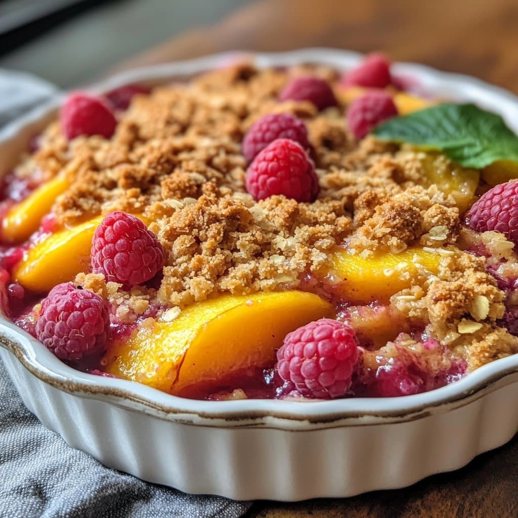 Crumble de durazno y frambuesa