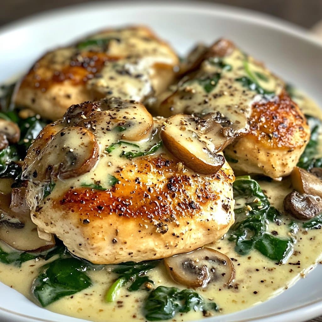Pollo con espinacas y champiñones y salsa cremosa de parmesano