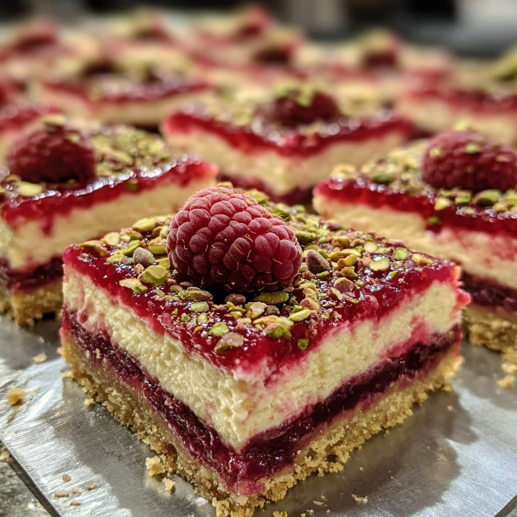 Receta de barras de tarta de queso con frambuesa y pistacho