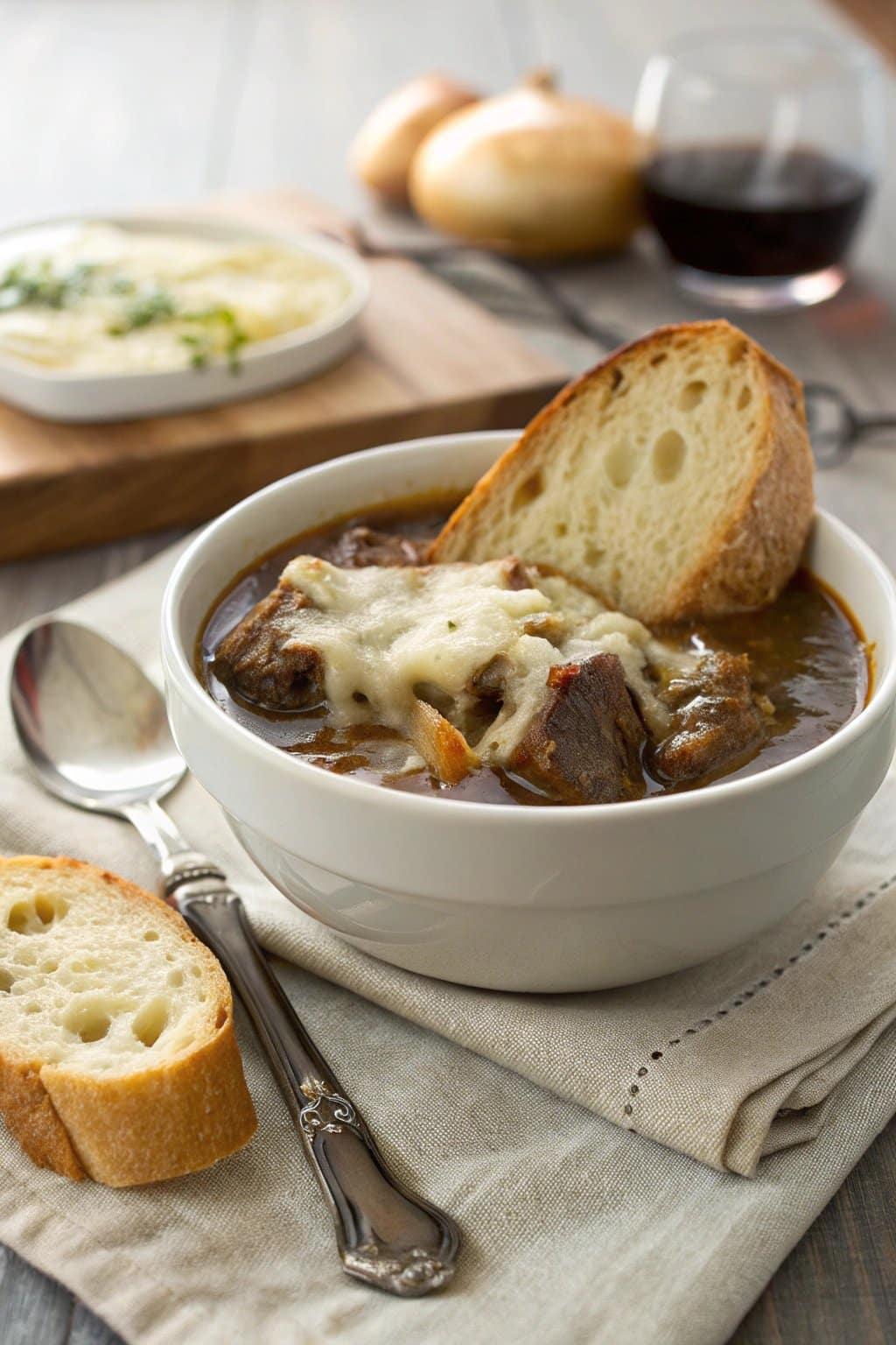 Receta acogedora de sopa de costillas cortas de res con cebolla francesa