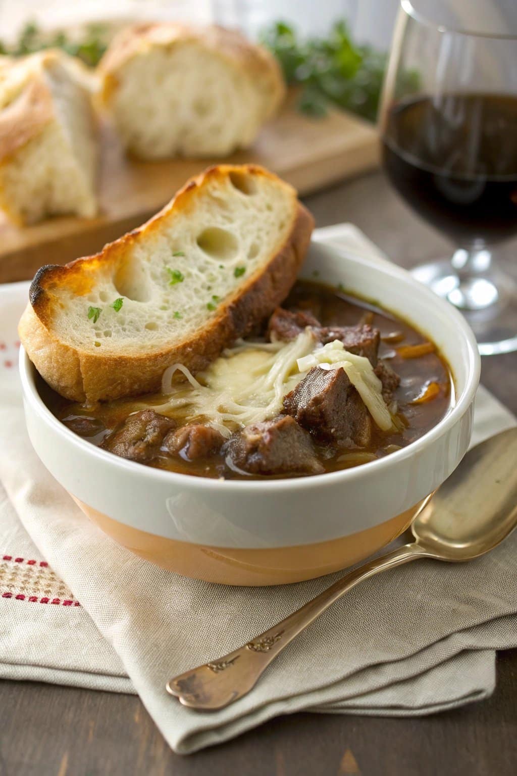 Receta acogedora de sopa de costillas cortas de res con cebolla francesa