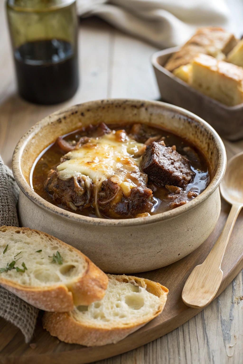 Receta acogedora de sopa de costillas cortas de res con cebolla francesa