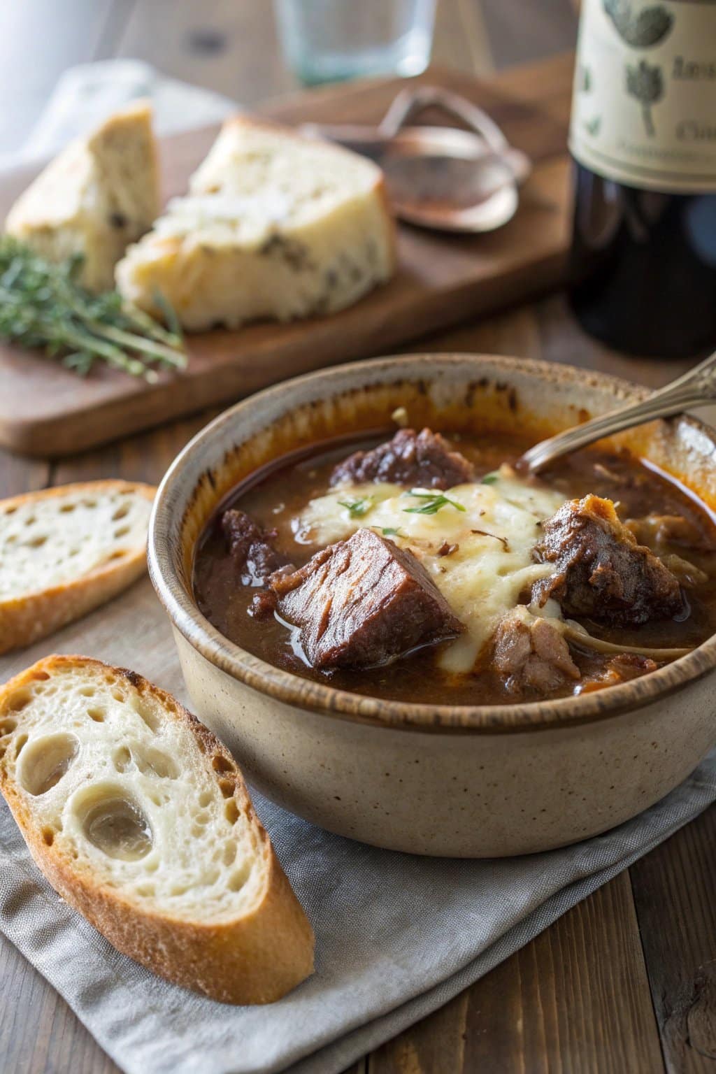 Receta acogedora de sopa de costillas cortas de res con cebolla francesa