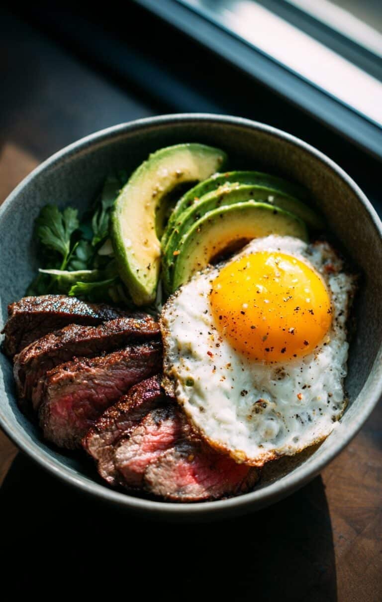Tazón de proteína con bistec, aguacate y huevos estrellados