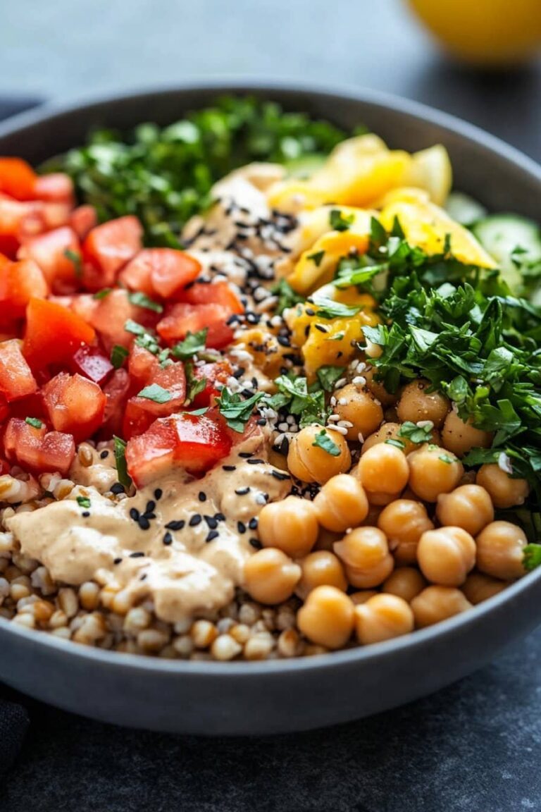 Tazón de Garbanzos y Cereales Alto en Proteínas con Aderezo de Tahini y Limón