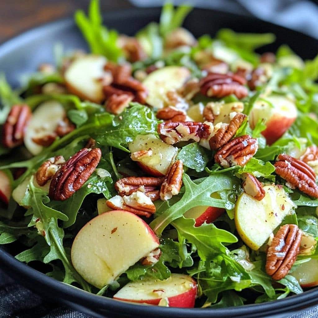 Ensalada de rúcula y manzana con nueces pecanas glaseadas con jarabe de arce Receta