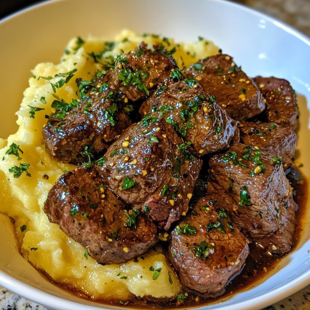 Receta de Bocados de Filete con Mantequilla de Ajo y Puré