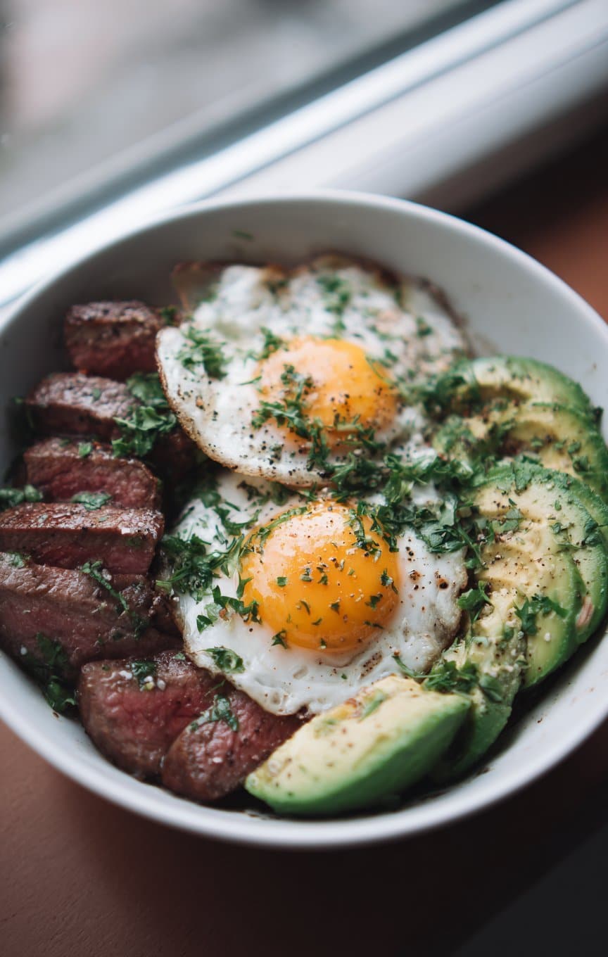 Tazón de proteína con bistec, aguacate y huevos estrellados