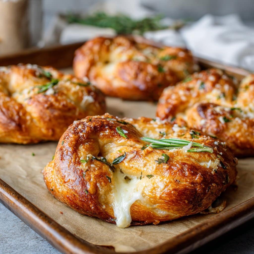 Pretzels de romero y parmesano rellenos de mozzarella derretida