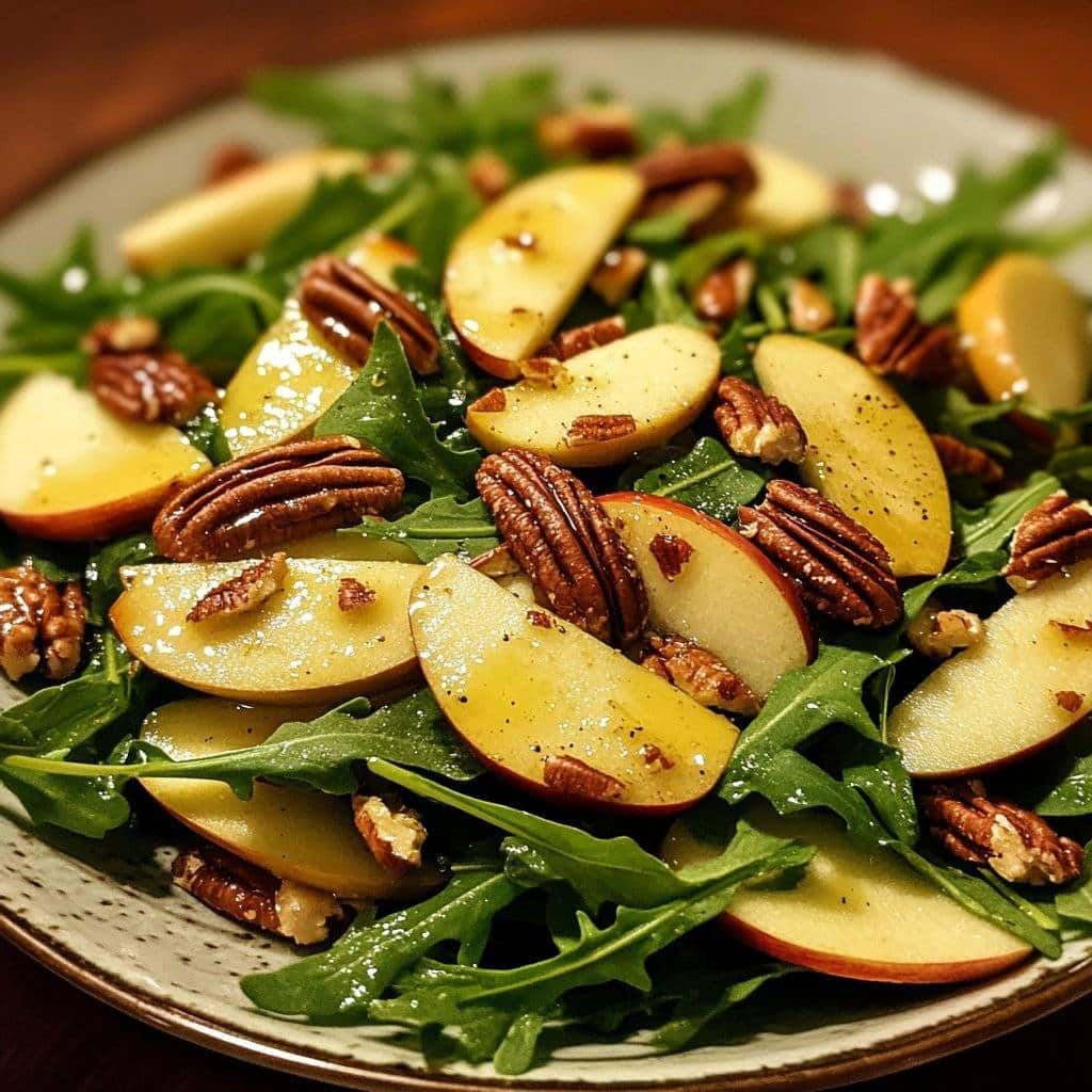 Ensalada de rúcula y manzana con nueces pecanas glaseadas con jarabe de arce Receta