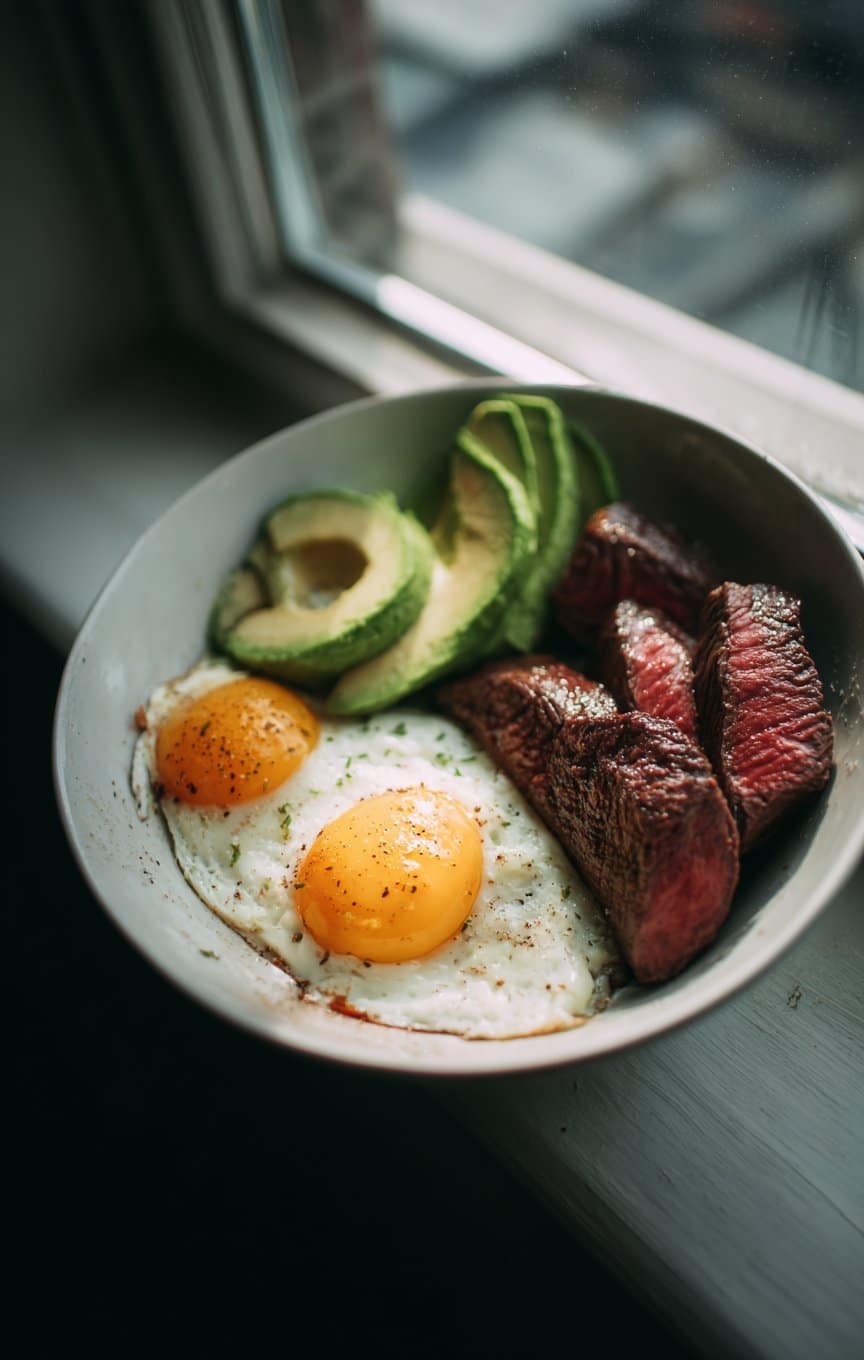 Tazón de proteína con bistec, aguacate y huevos estrellados