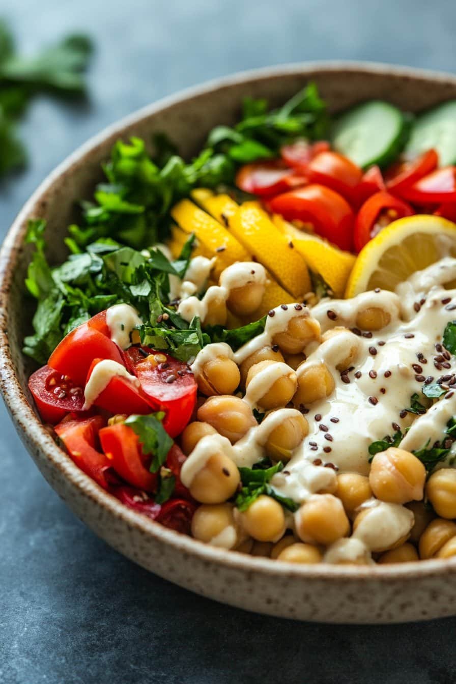Tazón de Garbanzos y Cereales Alto en Proteínas con Aderezo de Tahini y Limón