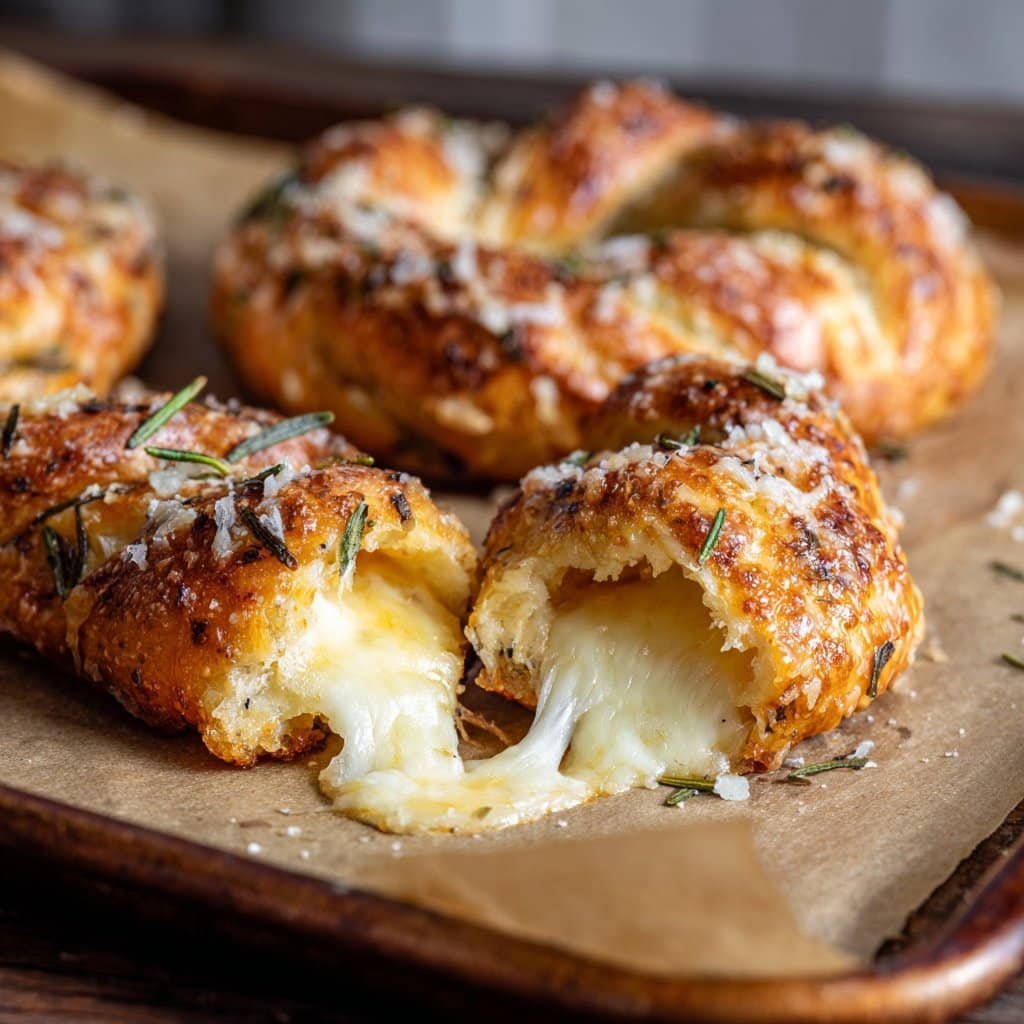 Pretzels de romero y parmesano rellenos de mozzarella derretida