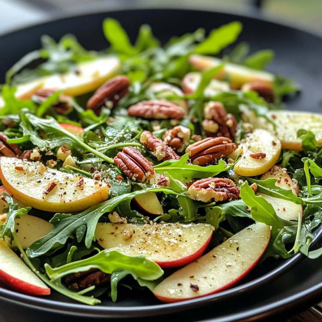 Ensalada de rúcula y manzana con nueces pecanas glaseadas con jarabe de arce Receta