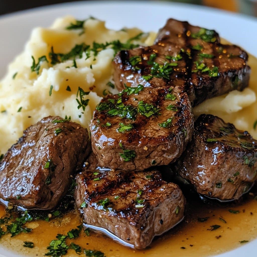 Receta de Bocados de Filete con Mantequilla de Ajo y Puré