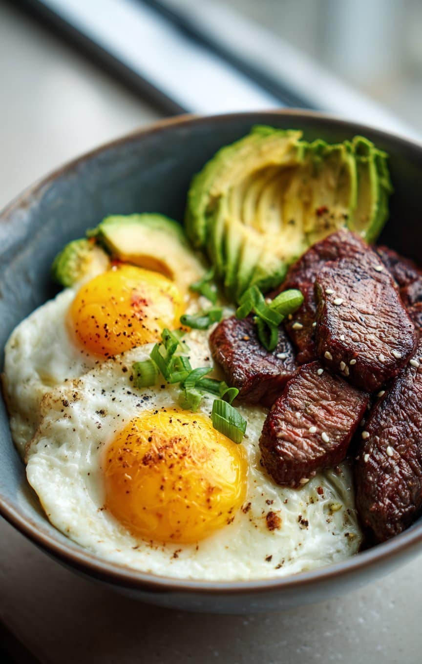 Tazón de proteína con bistec, aguacate y huevos estrellados