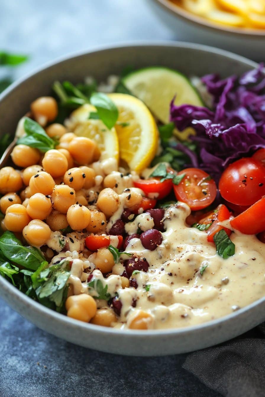 Tazón de Garbanzos y Cereales Alto en Proteínas con Aderezo de Tahini y Limón