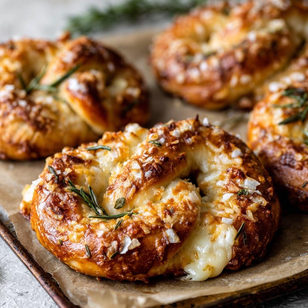 Pretzels de romero y parmesano rellenos de mozzarella derretida