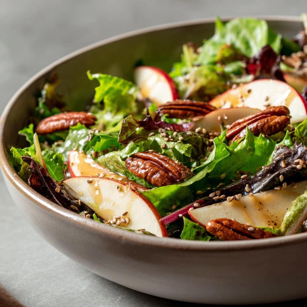 Ensalada de Cosecha de Otoño con Manzana, Nueces Pecan y Vinagreta de Arce y Dijon