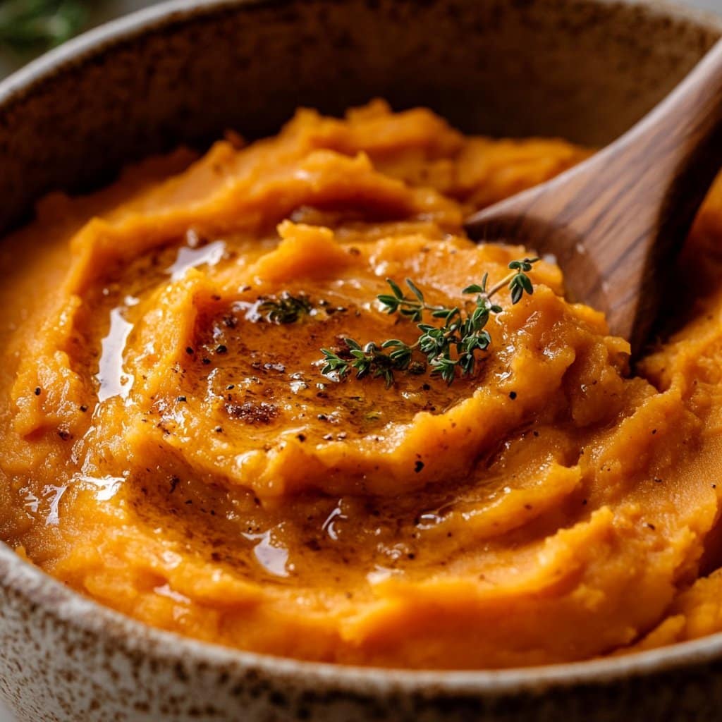 Puré cremoso de batata dulce con mantequilla marrón con nueces