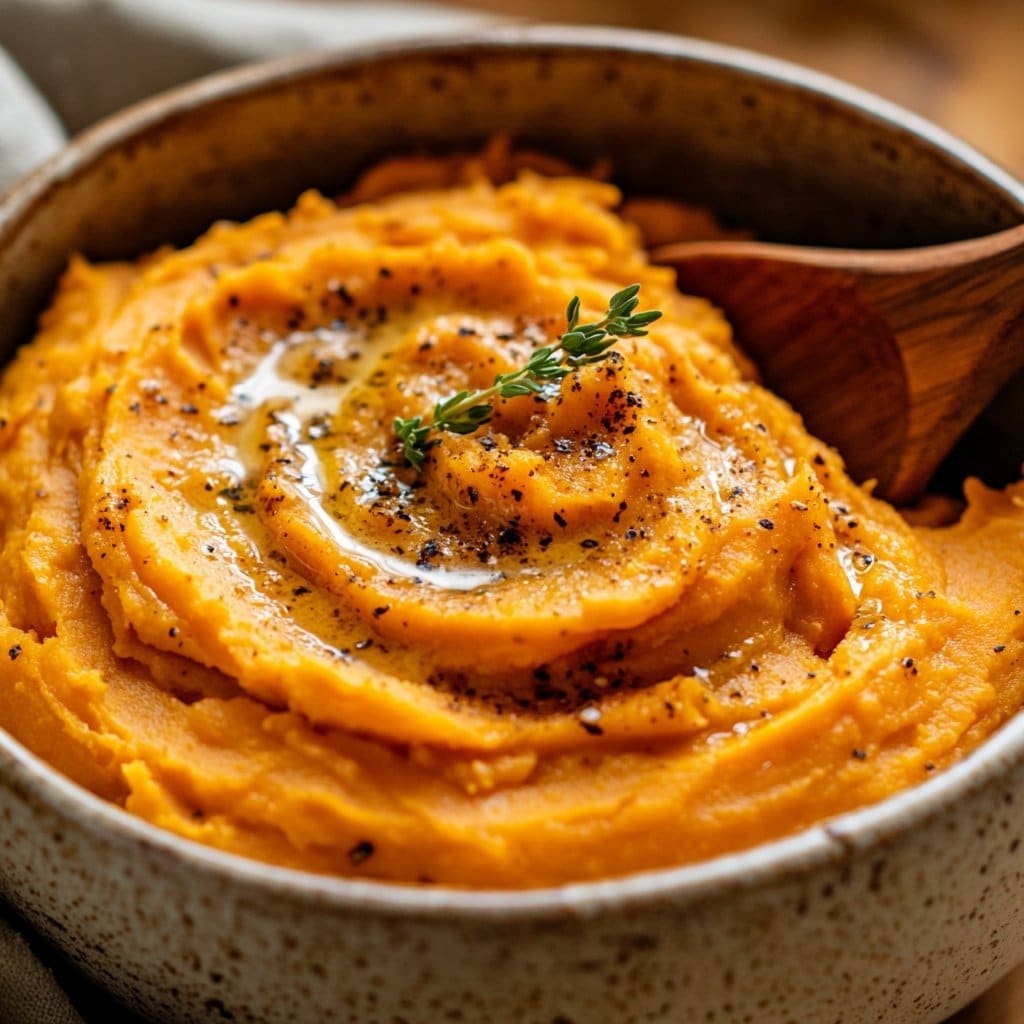 Puré cremoso de batata dulce con mantequilla marrón con nueces