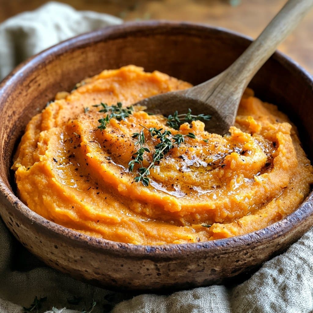 Puré cremoso de batata dulce con mantequilla marrón con nueces