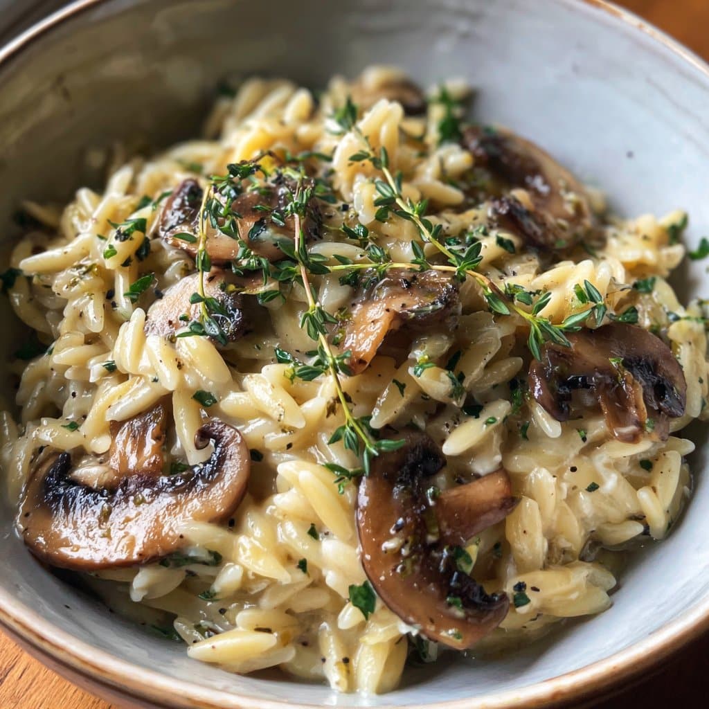 Sartén de Orzo Cremoso Saludable con Champiñones y Tomillo – Confort en Una Sola Sartén