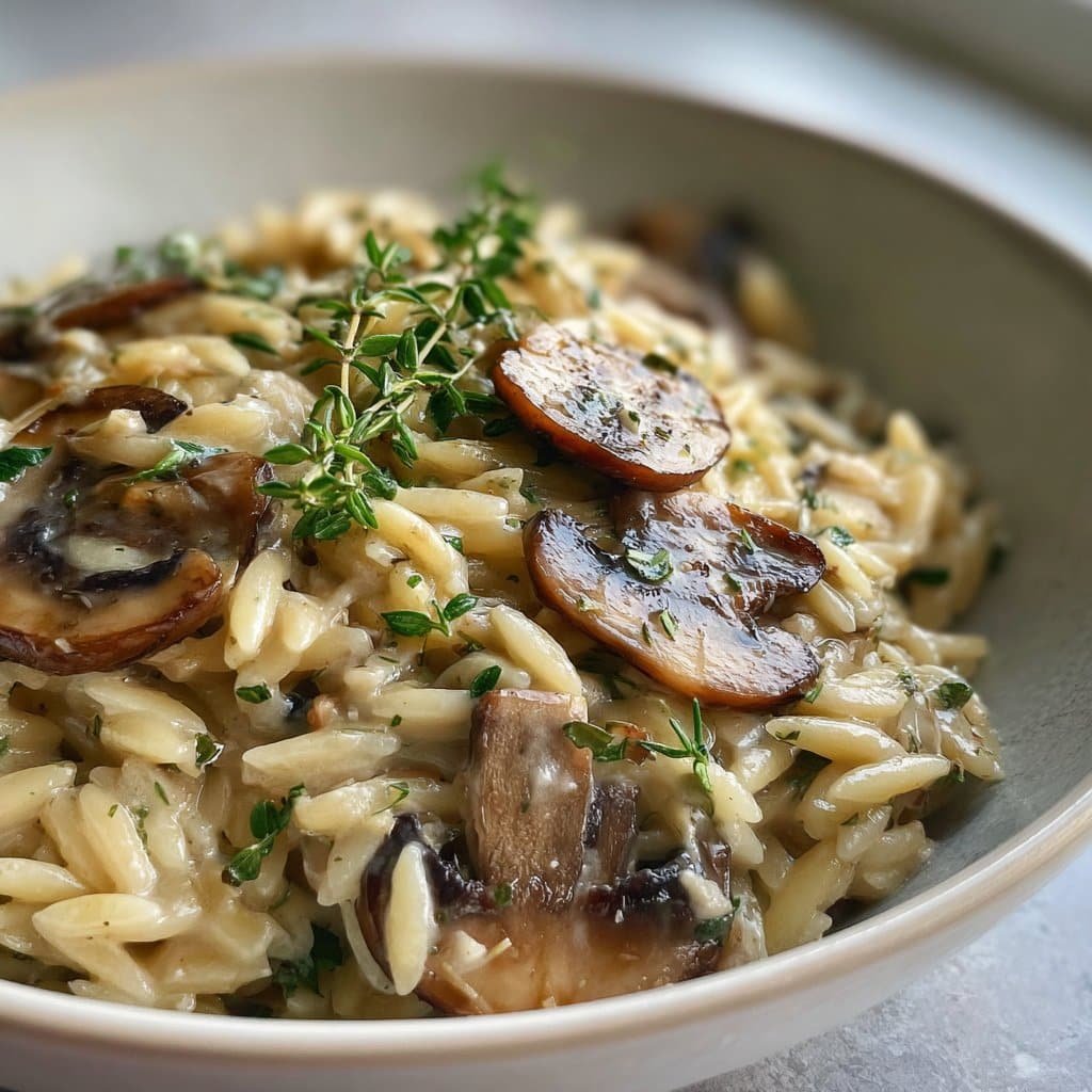 Sartén de Orzo Cremoso Saludable con Champiñones y Tomillo – Confort en Una Sola Sartén