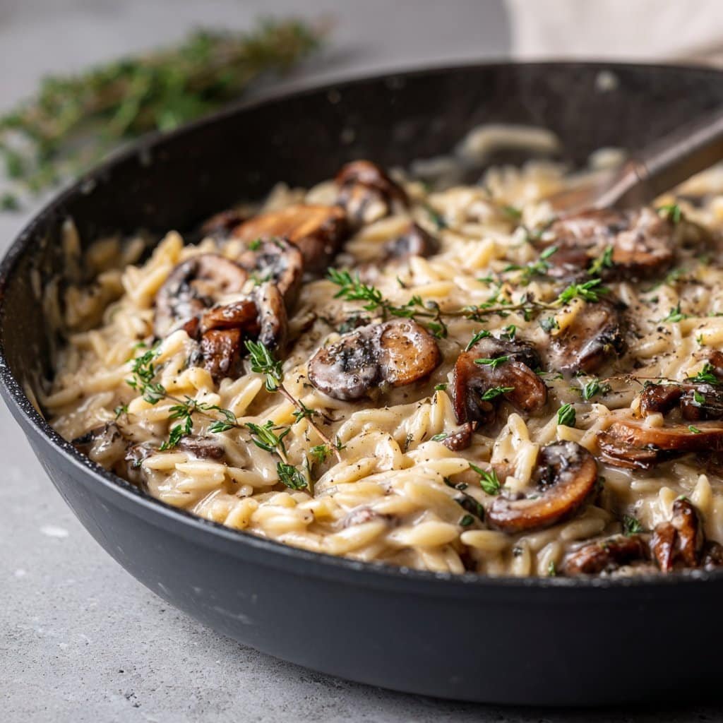 Sartén de Orzo Cremoso Saludable con Champiñones y Tomillo – Confort en Una Sola Sartén