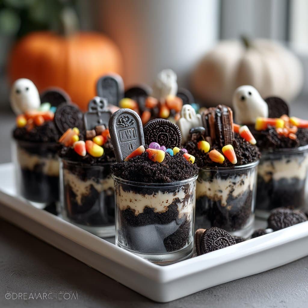 Vasos de Tierra de Cementerio – Dulce Fácil de Halloween con Pudín y “Tierra” de Oreo