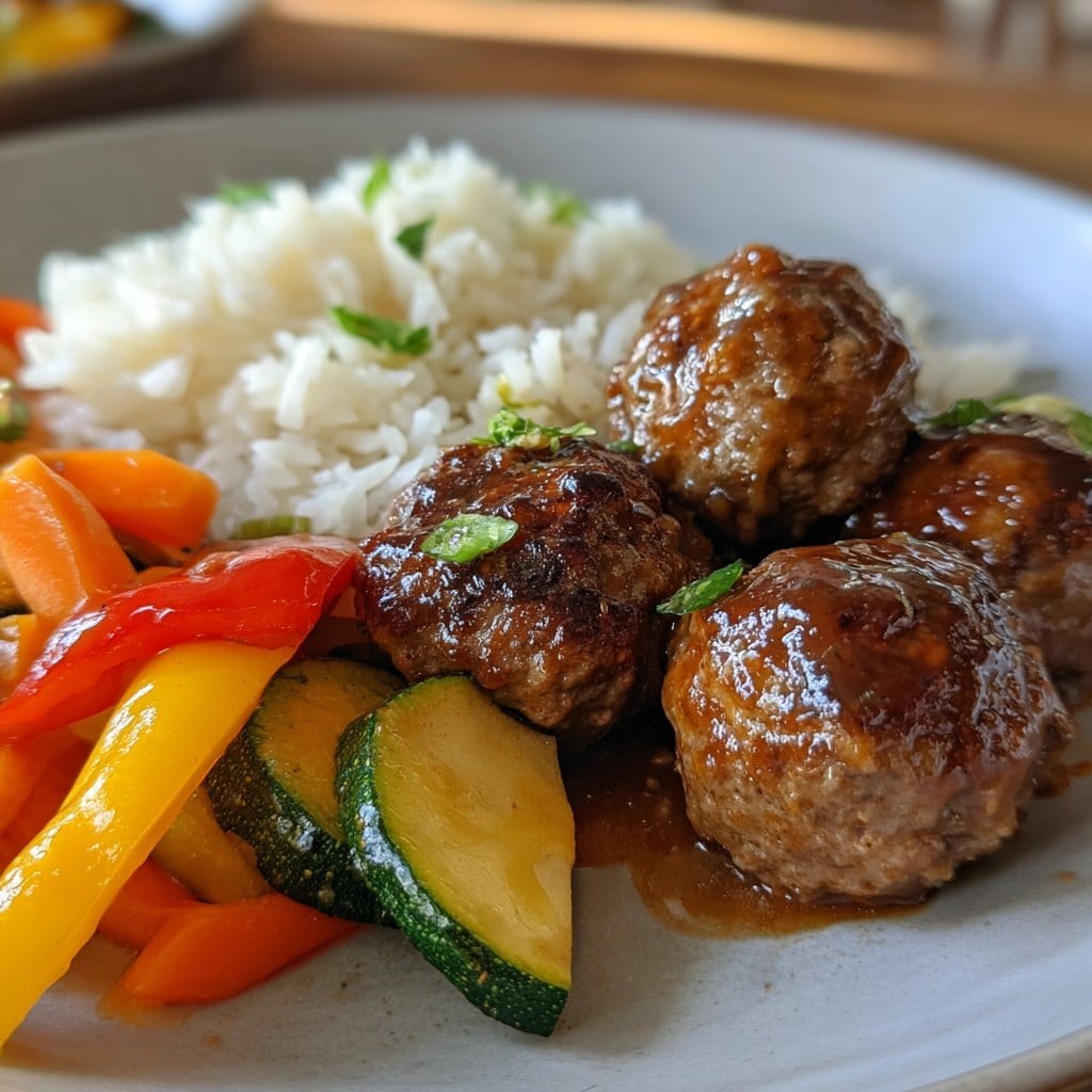 Albóndigas jugosas con arroz y verduras asadas