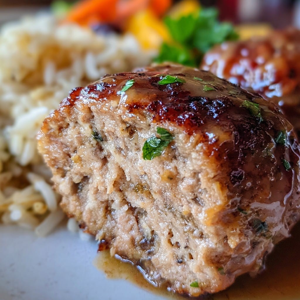 Albóndigas jugosas con arroz y verduras asadas
