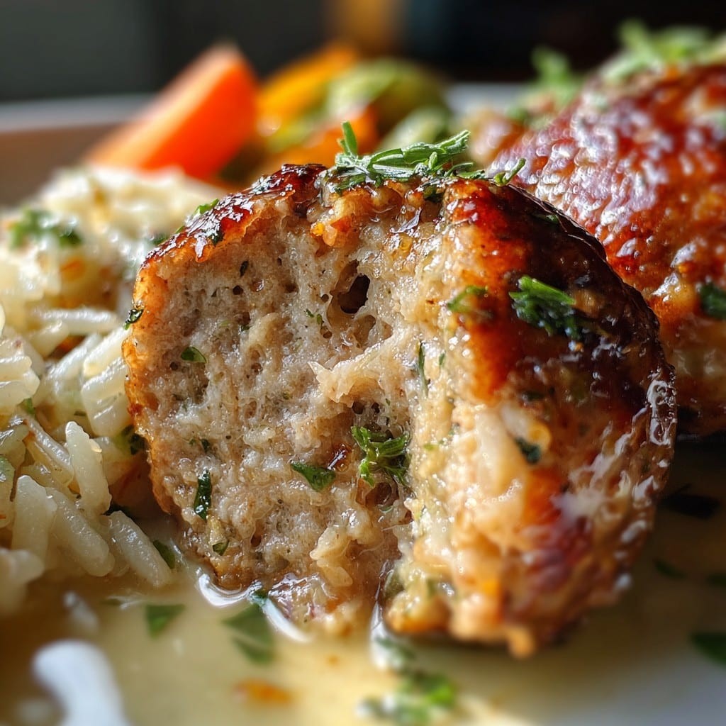 Albóndigas jugosas con arroz y verduras asadas