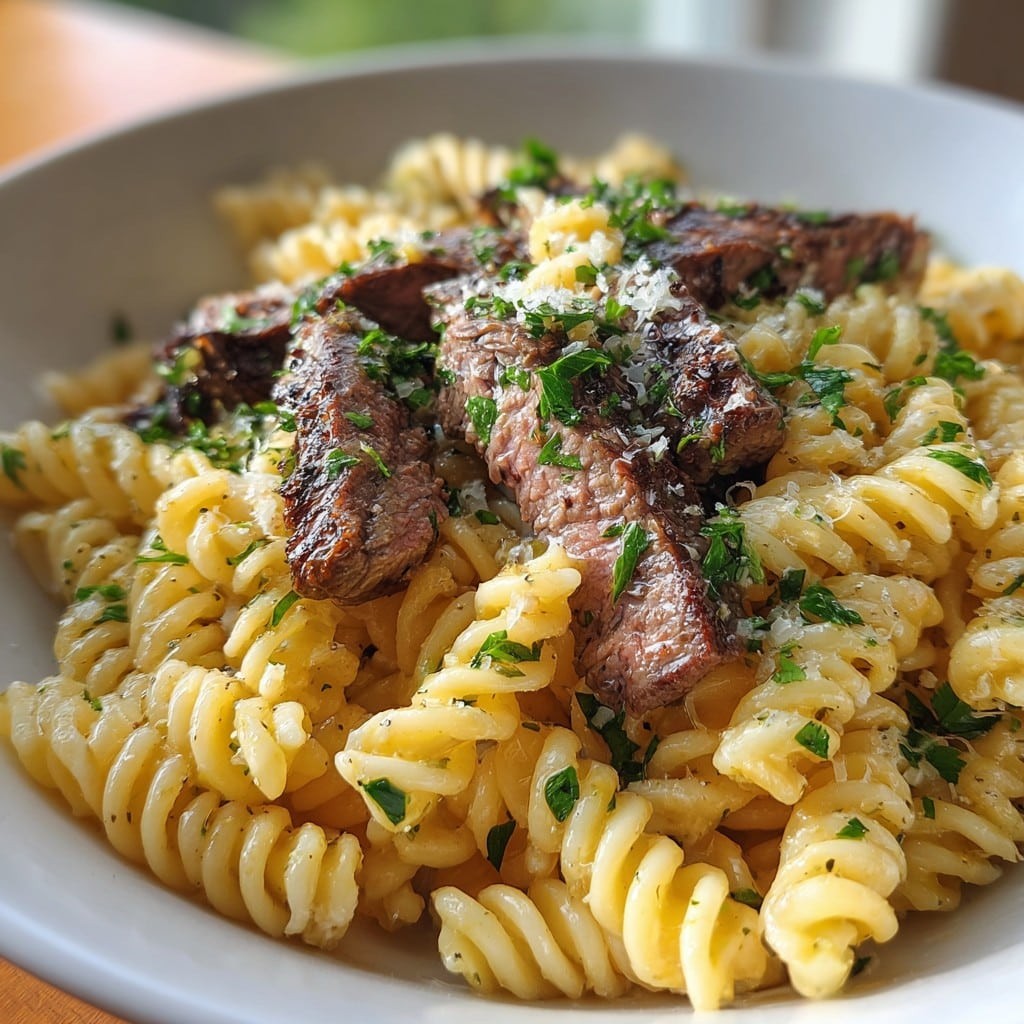 Pasta de Filete Cremoso con Ajo y Mantequilla con Fusilli – Rica y Sabrosa