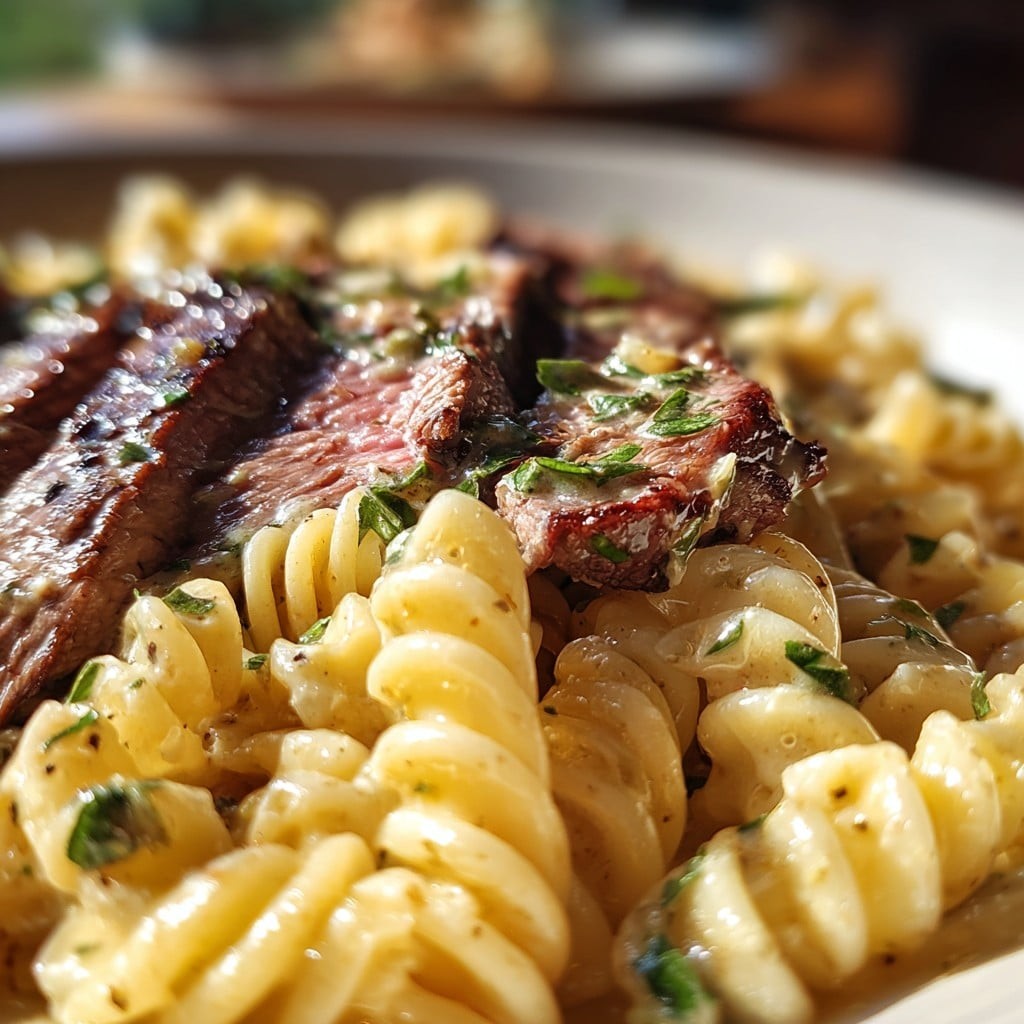 Pasta de Filete Cremoso con Ajo y Mantequilla con Fusilli – Rica y Sabrosa