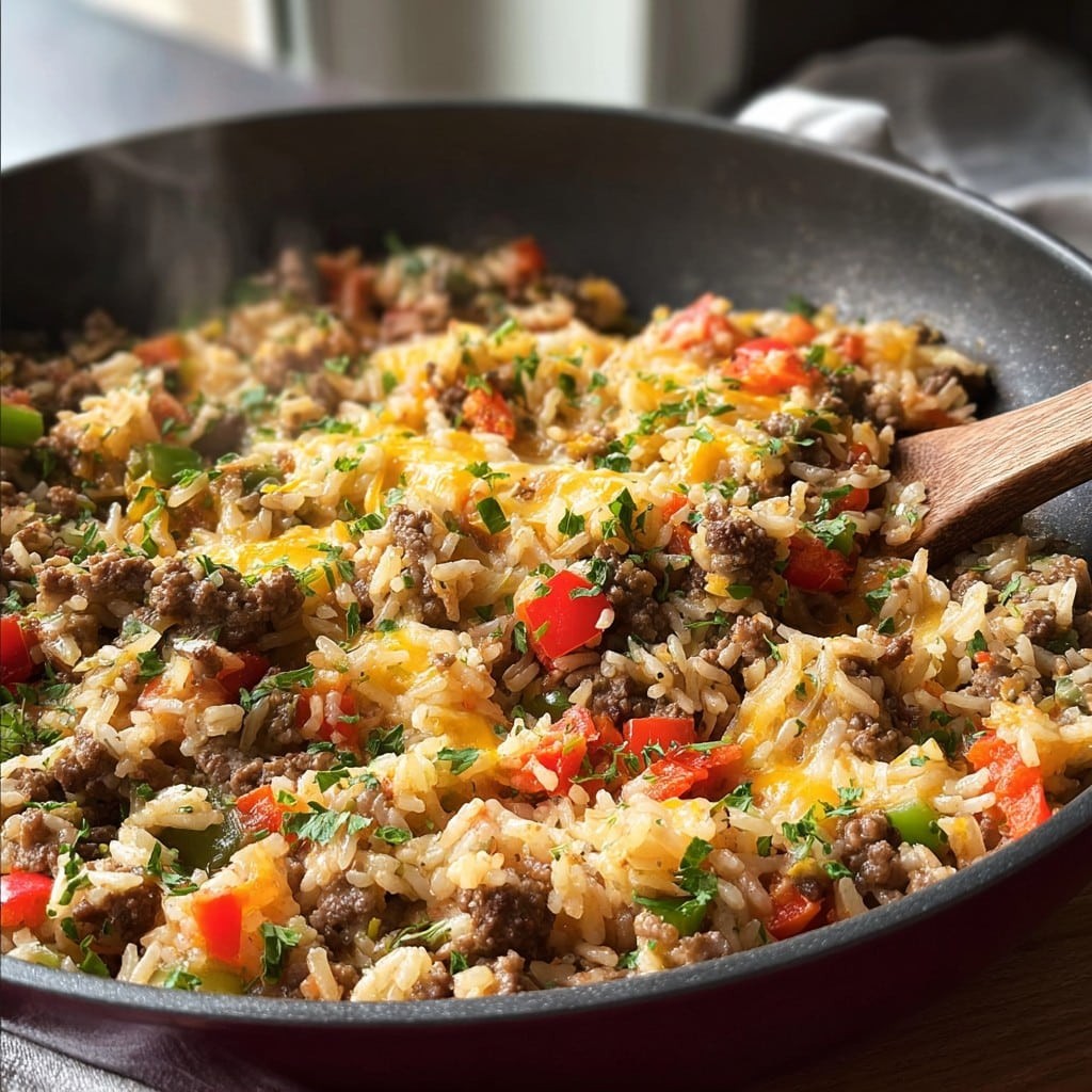 Sartén de Arroz con Carne Molida – Cena Fácil de Una Sola Sartén para Entre Semana
