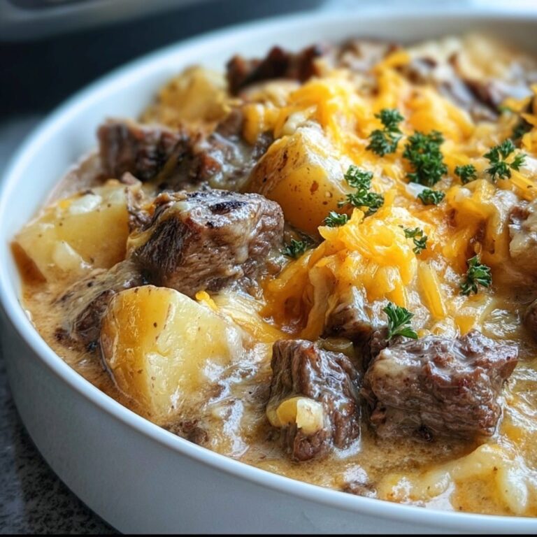 Cazuela de patata con bistec y queso cheddar en olla de cocción lenta